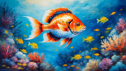 Naklejka premium 3D Underwater fishes living room wallpaper, 3d illustration for wall decoration High quality wall art.