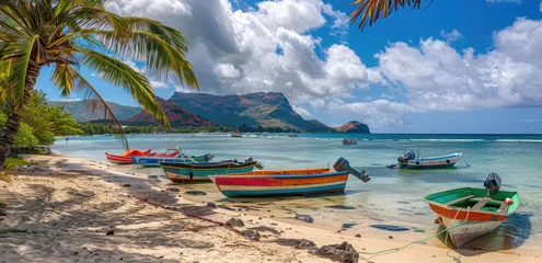 Papier peint adhésif Le Morne, Maurice The beautiful beach of Le Morne in Mauritius, vibrant colors, colorful boats and yachts on the white sand, green palm trees, blue sky with clouds, mountain view from the shore