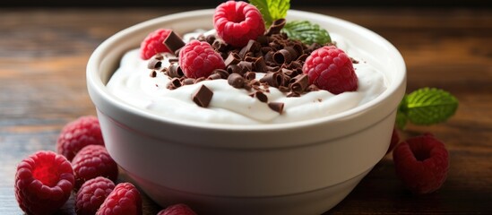 A dish of creamy yogurt topped with raspberries and chocolate chips, a delightful combination of...
