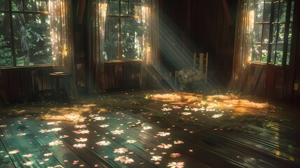 Fototapeta premium A remote cabin in the woods flowers fantasy scene abstract graphic poster web page PPT background