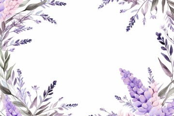 watercolor of lavender flowers frame, botanical border, Flowers lavender, watercolor with space for text on isolated background.
