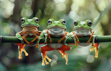 Three cute flying frogs sitting on bamboo