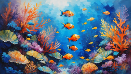 Fototapeta na wymiar 3D Underwater fishes living room wallpaper, 3d illustration for wall decoration High quality wall art.