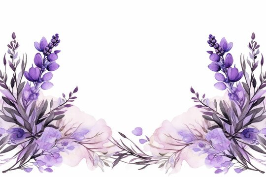 watercolor of lavender flowers frame, botanical border, Flowers lavender, watercolor with space for text on isolated background.
