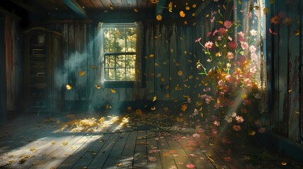 A remote cabin in the woods flowers fantasy scene abstract graphic poster web page PPT background - obrazy, fototapety, plakaty