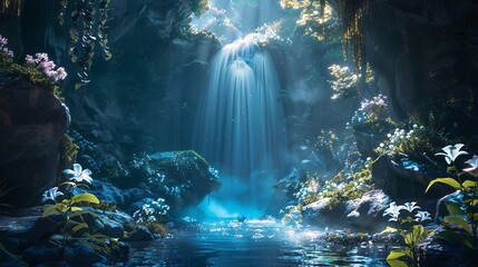 Aquatic Oasis A Glimpse into the World of Blue Lights and Waterfalls Generative AI - obrazy, fototapety, plakaty