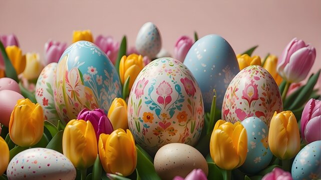 A whimsically colorful Easter scene comes to life in a generative AI picture, featuring bright graphics of painted eggs, bunny ears, fresh tulips, and festive dinner decorations. The vibrant colors po