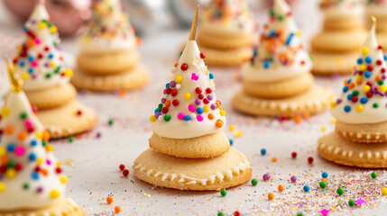 Delightful party hat cookies adorned with rainbow sprinkles and edible glitter, symbolizing the festive atmosphere of New Year's Eve celebrations around the world.