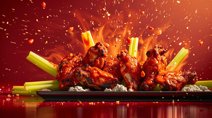 Hot and spicy chicken wings with bright red flames and fresh celery sticks presenting a fiery meal spectacle