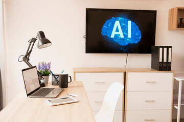 Concept Humans work with artificial intelligence, humans use intelligent AI technology enter...
