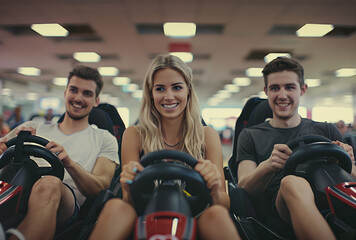 A group of friends were having fun in karting. A woman with blonde hair was driving the gokart and smiling at the camera