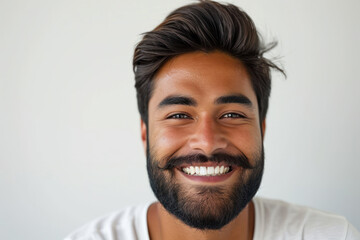 Obraz premium Smiling young man with beard in casual attire. Positive human expressions.
