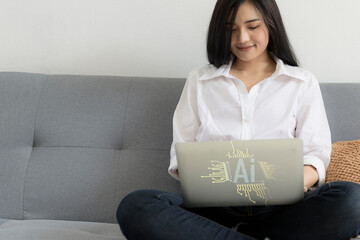Concept Humans work with artificial intelligence, humans use intelligent AI technology enter...
