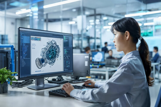 Asian engineer analyzing 3d model on computer. Generative AI