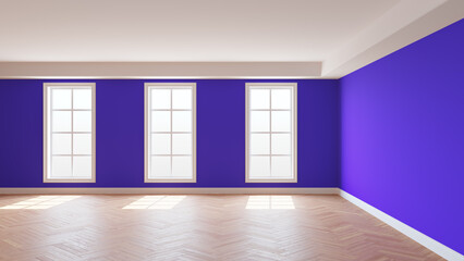 Violet Interior with a White Ceiling and Cornice, Glossy Herringbone Parquet Floor, Three Large Windows and a White Plinth. Sunny Beautiful Interior. 3D Rendering, 8K Ultra HD, 7680x4320, 300 dpi