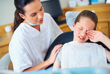 Fear, dental or crying girl with dentist in toothache consultation, problem or crisis. Pediatric dentistry, comfort or kid with stress, anxiety or tears for root canal, crown or extraction phobia