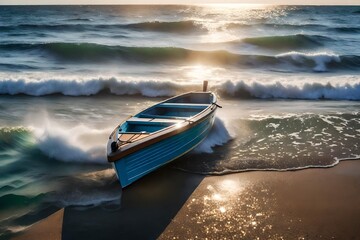With a backdrop of a boat and wave on the beach. lovely summertime background created by the air