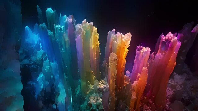 Descending deeper into the ocean the once murky waters give way to a mesmerizing sight â columns of vividly colored ane hydrate crystals glinting and ling in the dark. These
