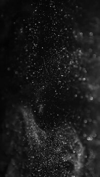 Dust Particles Swirling on the black background. Vertical video.