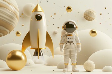 3d render style white and gold cosmonaut next to the rocket with planets and stars around him, Cosmonautics Day - obrazy, fototapety, plakaty