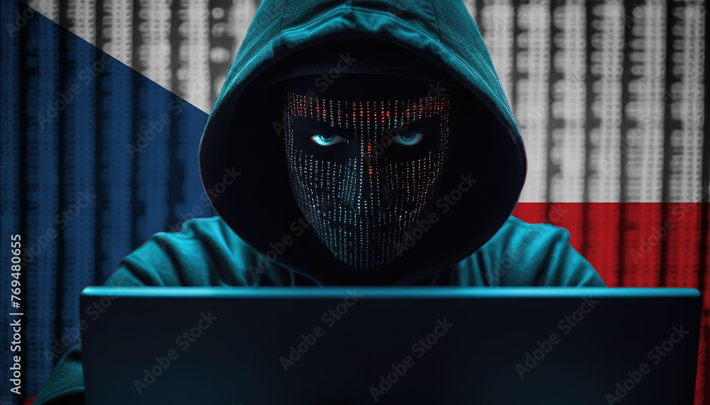Wall mural hacker in hoodie sitting in front of a monitors with czech flag background and cyber security concep
