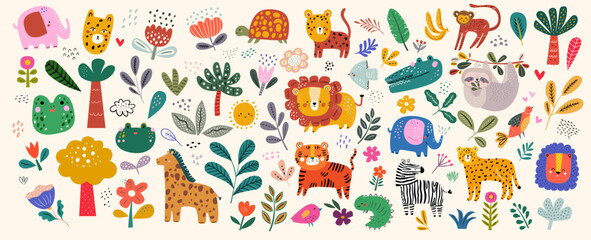 Baby hand drawn set for textile, posters, cards. Baby animals pattern. Fabric baby design. Vector illustration with cute animals. Nursery baby pattern illustration - 769480609