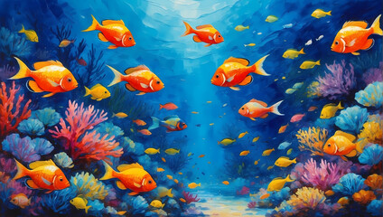 3D Underwater fishes living room wallpaper, 3d illustration for wall decoration High quality wall art.