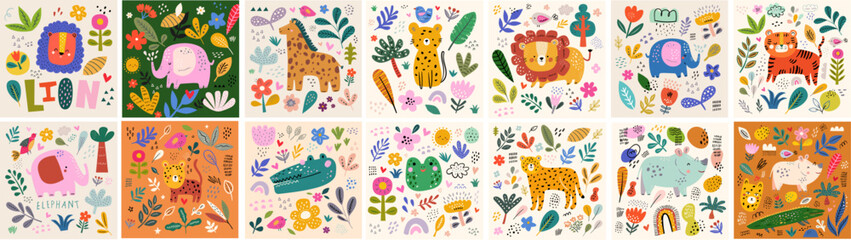 Baby hand drawn cards, games, posters. Designs for baby textile, posters, cards. Baby animals patterns. Fabric baby design. Vector illustration with cute animals. Nursery baby pattern illustrations - 769480657
