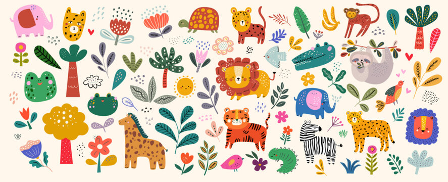Baby hand drawn set for textile, posters, cards. Baby animals pattern. Fabric baby design. Vector illustration with cute animals. Nursery baby pattern illustration