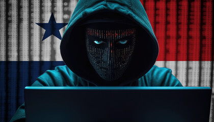 Hacker in hoodie sitting in front of a monitors with Panama flag background and  cyber security concept