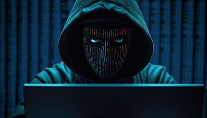 Hacker in hoodie sitting in front of a monitors with Louisiana flag background and  cyber security concept