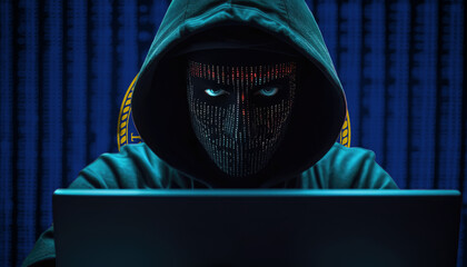 Hacker in hoodie sitting in front of a monitors with Nebraska flag background and  cyber security concept
