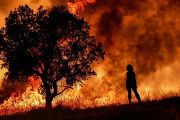 Obraz na płótnie Canvas silhouette of a person against a lone tree fire