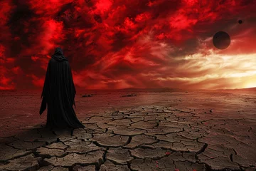 Gordijnen Wearing a Black Cape in the Red Sky A Scary Halloween Night Generative AI © Satyam