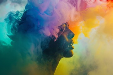 Giant-brained individual from whom rainbow-colored smoke drifts