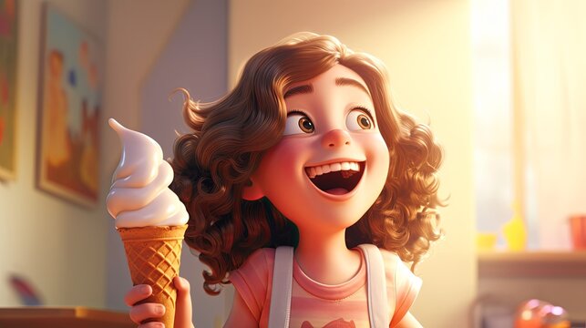 A vibrant young girl, age 10, laughing with a big ice cream cone, medium shot, isolated, cute style. , illustration style