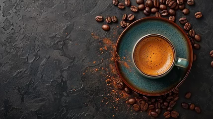 Foto auf Leinwand Coffee beans and cup of espresso on dark background with copyspace for cafe menu © PNGS BY FATIMA
