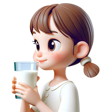 side view of a young girl with pigtails holding a glass of milk