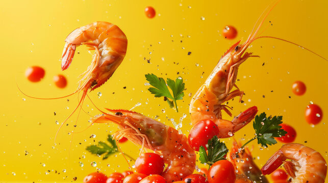 Fresh shrimps and cherry tomatoes suspended mid-air captured in a dynamic scene with water droplets highlighting their freshness