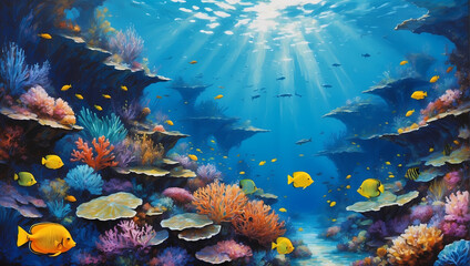 3D Underwater fishes living room wallpaper, 3d illustration for wall decoration High quality wall art.