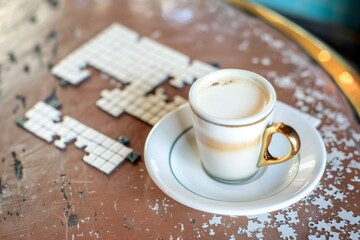 coffee with milk, crosswords puzzle on the table