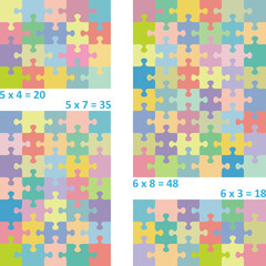 Jigsaw puzzle templates of various dimensions. Pastel colors, classic style, vectors.
