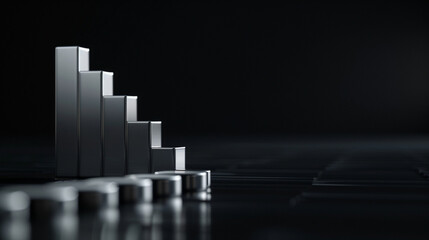 An abstract concept art showcasing a series of silver 3D bars ascending in height, set against a dark black backdrop, representing the steady growth of a business in a minimalist yet impactful design.