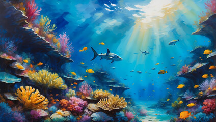 Obraz na płótnie Canvas 3D Underwater fishes living room wallpaper, 3d illustration for wall decoration High quality wall art.
