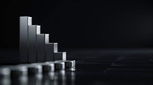 An abstract concept art showcasing a series of silver 3D bars ascending in height, set against a dark black backdrop, representing the steady growth of a business in a minimalist yet impactful design.