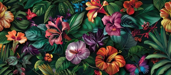 Vibrant classic print featuring a variety of exotic flowers and leaves for fashion and interior design.