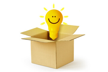 Yellow light bulb with smile in cardboard box - Concept of ideas and creativity