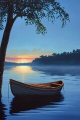 The soft light of dawn illuminates a gentle wooden boat as it drifts across the tranquil lake , Psychedelic funk art