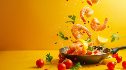 Vibrant image of shrimps being flipped mid-air from a pan, with a burst of water droplets and spices on a yellow background - obrazy, fototapety, plakaty