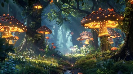 Fototapeta na wymiar A whimsical scene depicting a magical forest glade, with enchanted trees, glowing mushrooms, and mystical creatures hidden among the foliage.